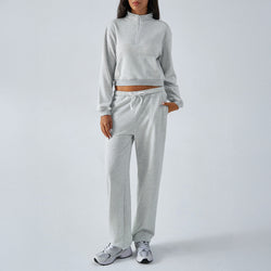 Casual sports style solid color half zipper bm long sleeve sweater straight pants set two-piece set