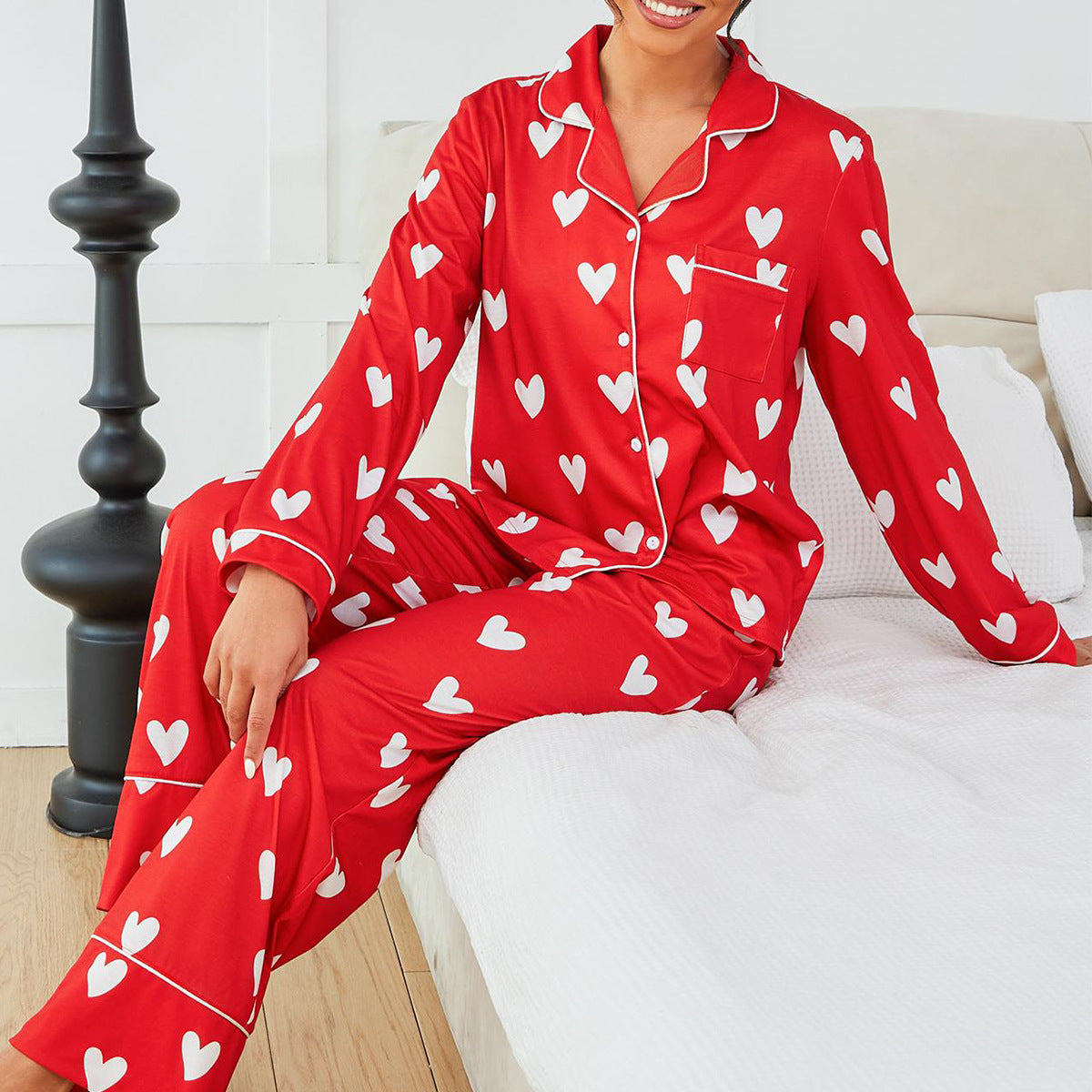 Women's pajamas autumn and winter love long-sleeved shirt trousers red two-piece loungewear