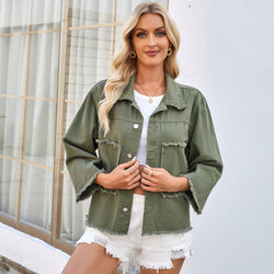 Washed loose seven-quarter-sleeved army green denim jacket top