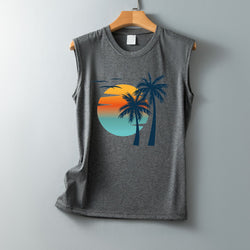 Summer Hawaiian Sea View Pattern Loose Casual Crew Neck Sleeveless Vest