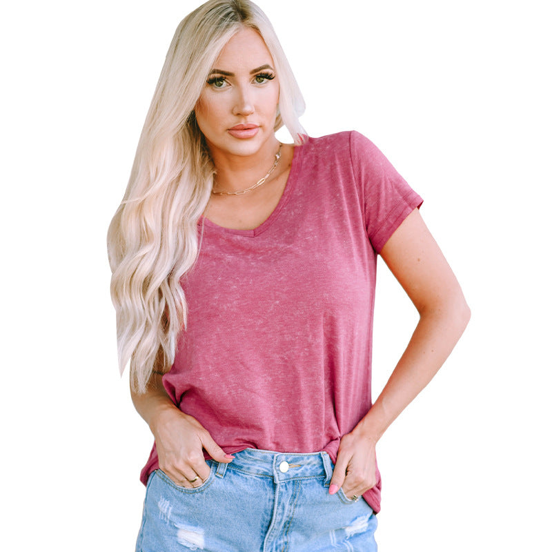 New solid color T-shirt women's European and American casual thin pullover V-neck short-sleeved top women's