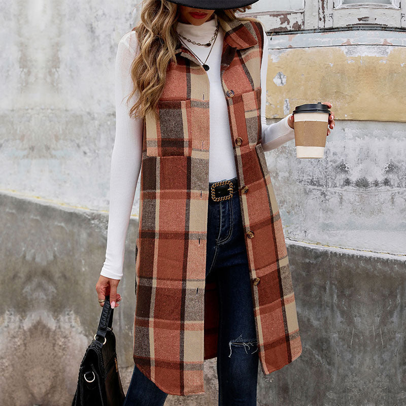 Retro medium and long cross-border plaid vest