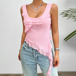 Y2K solid color sleeveless U-neck mesh suspender top