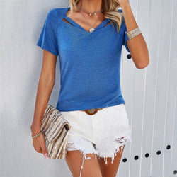 Spring and summer casual solid color short-sleeved V-neck T-shirt