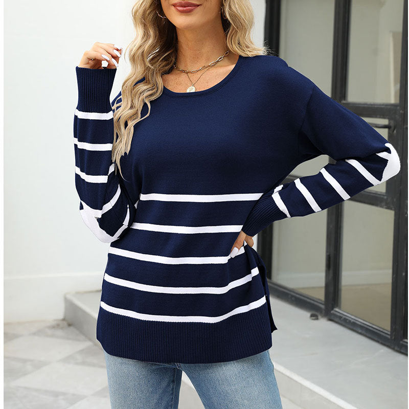 Striped sleeves plus love color matching long-sleeved pullover knitted sweater