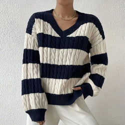 Sweater Women's Versatile Pullover V-Neck Long Sleeve Twist Striped Contrast Color Knitted Sweater