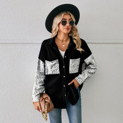 Loose leopard print spliced denim shirt long sleeve top cardigan