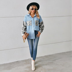 Loose leopard print spliced denim shirt long sleeve top cardigan