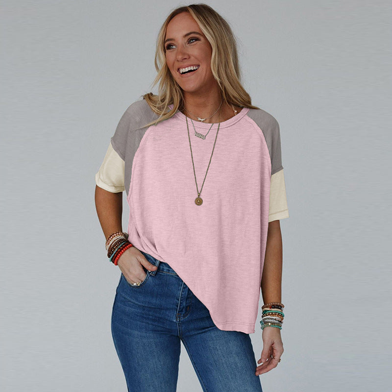 Versatile short-sleeved T-shirt personalized contrasting color splicing jumper top