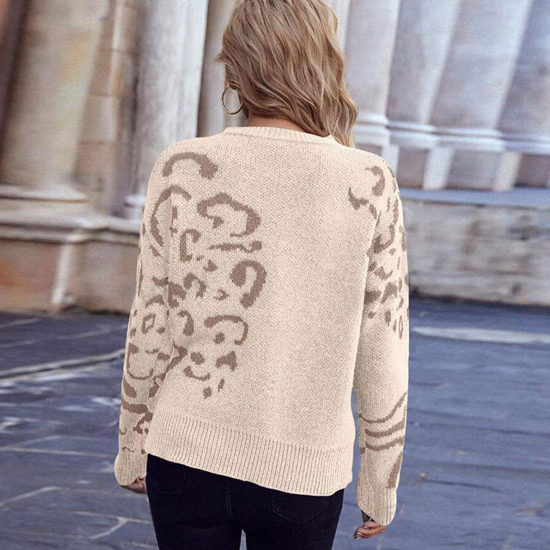 Crew neck pullover leopard long sleeve top Amazon cross-border fashion knitted jacquard sweater women