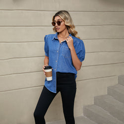 Versatile Princess Sleeve Lapel Thin Denim Shirt Casual Top Trendy Girl