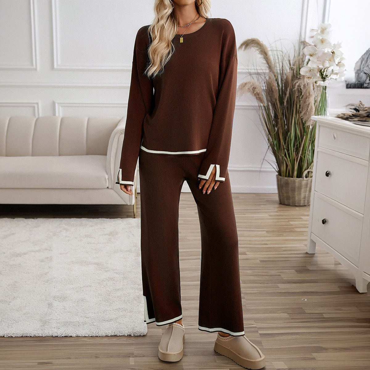 Temperament Casual solid color knitted long-sleeved sweater pants set two-piece set