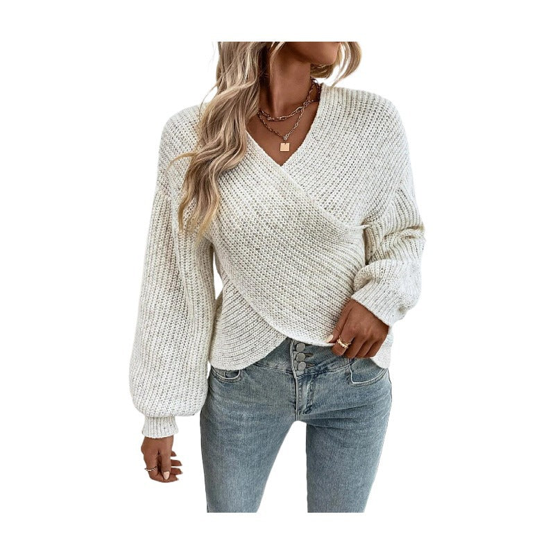 Fashion new sweater women's clothing Amazon temperament cross v-neck loose pullover sweater women