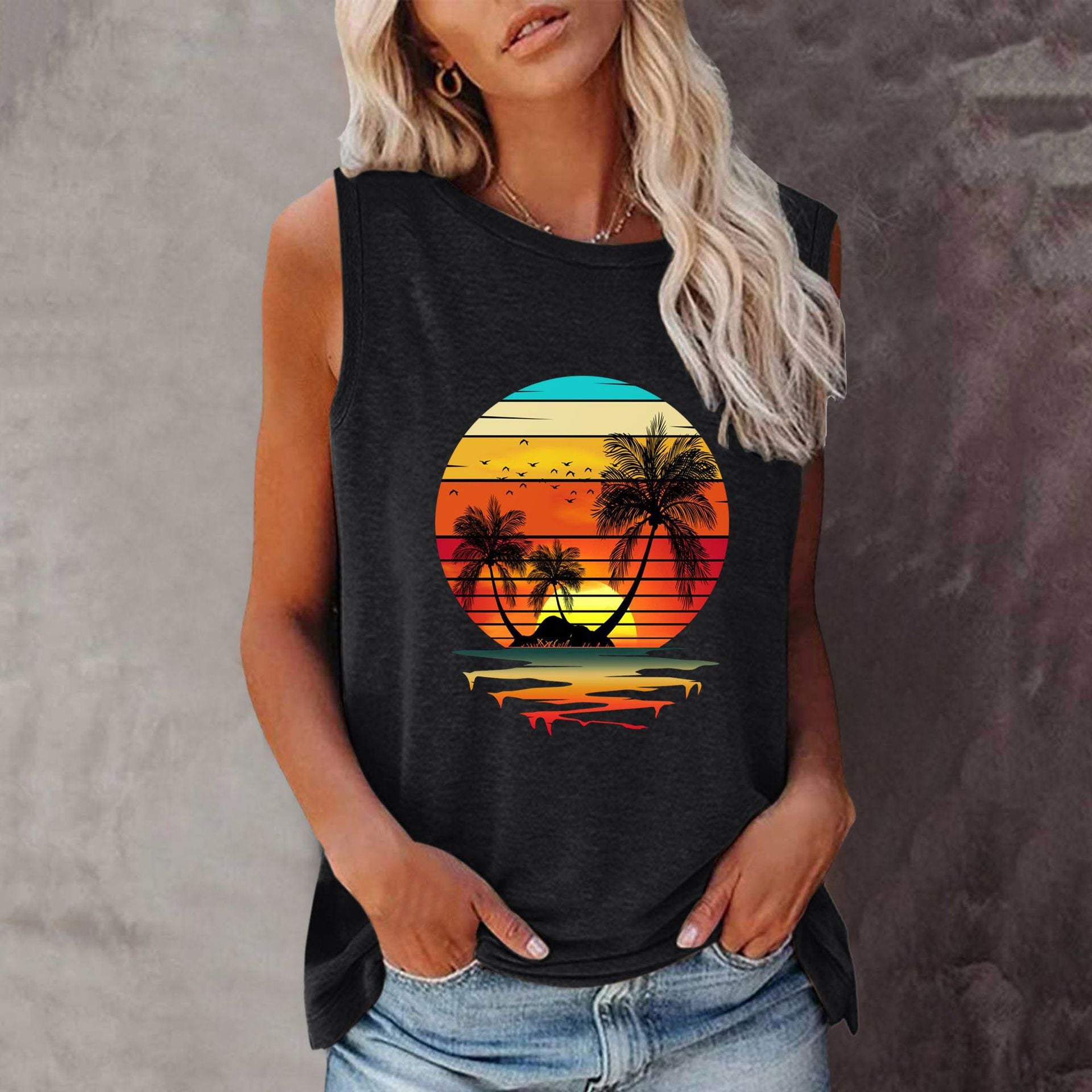 New Summer Beach Sunset Coconut Tree Crew Neck Sleeveless Vest