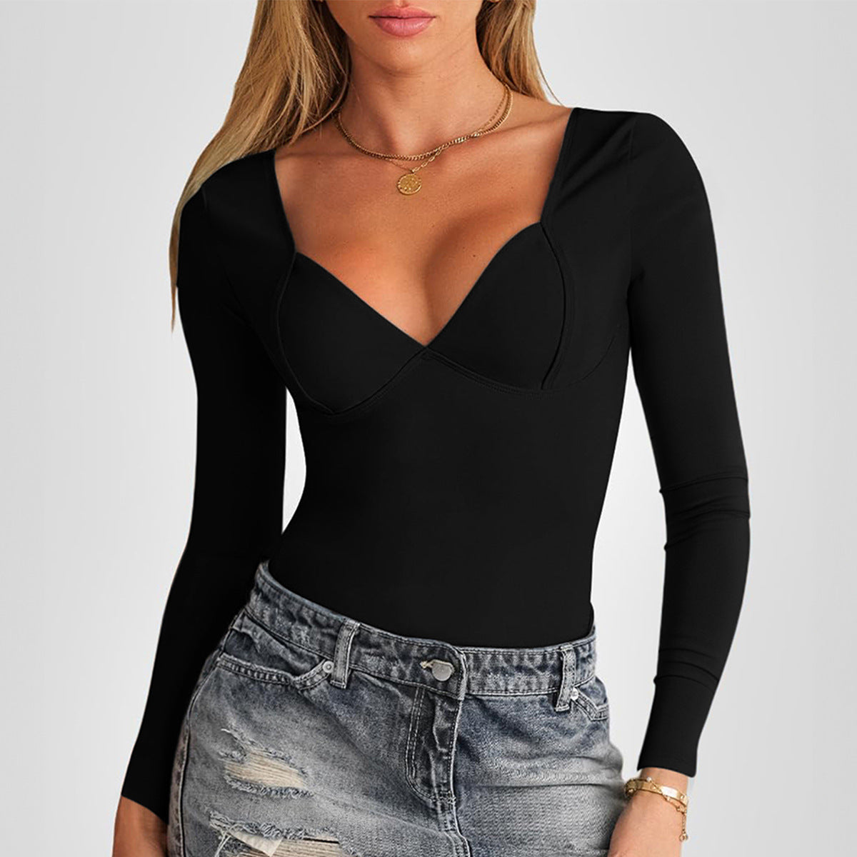 Y2K women's v-neck slim-fit bottom long-sleeved top