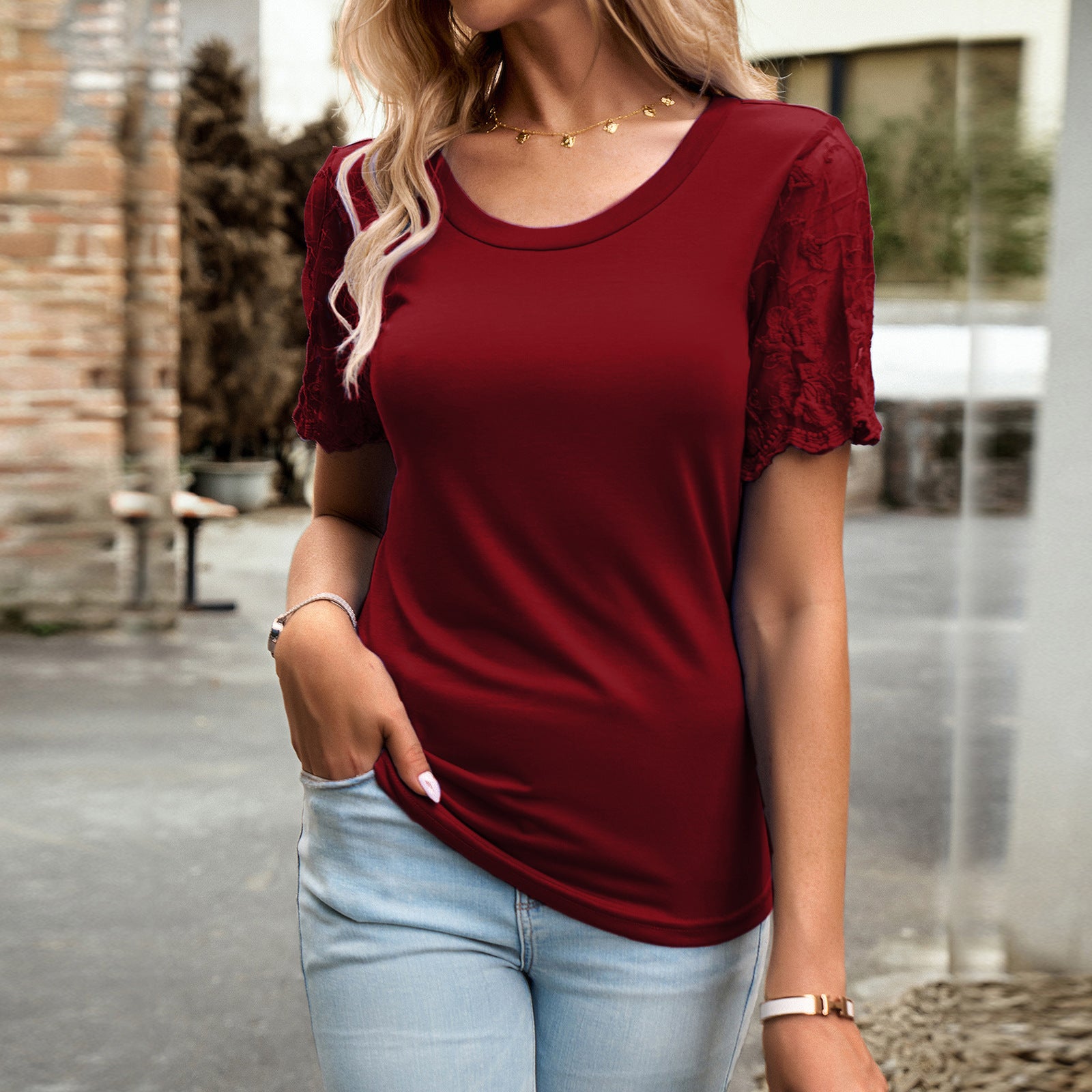 Spring and Summer Casual Temperament Crew Neck Lace Short Sleeve T-Shirt