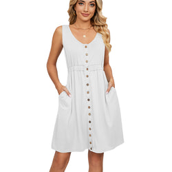 Spring and Summer Solid Color Sleeveless Button Pocket Crew Neck Split Waist Dress