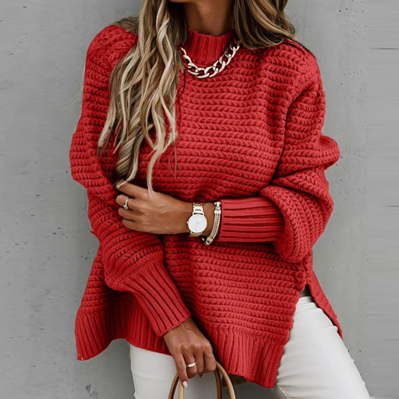 Half turtleneck loose solid color long sleeve thick needle side split knitted sweater women