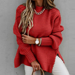 Half turtleneck loose solid color long sleeve thick needle side split knitted sweater women