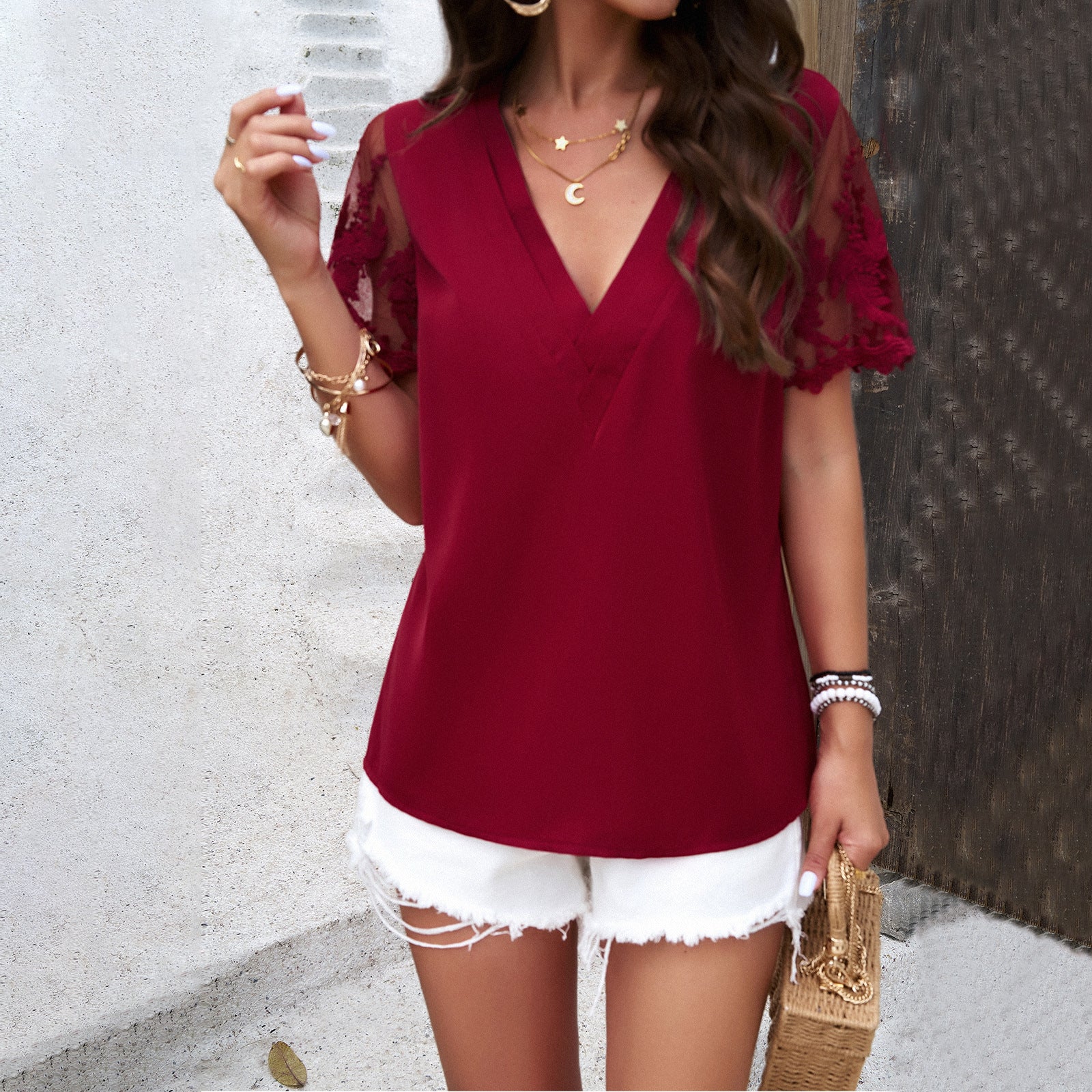 Temperament solid color V-neck jacquard short-sleeved top