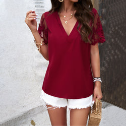 Temperament solid color V-neck jacquard short-sleeved top