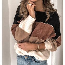 Pullover bottom knitted sweater top, casual contrasting color crew neck sweater women's autumn and winter