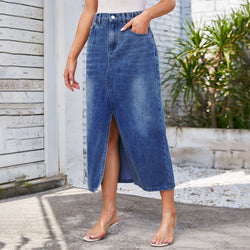 Washed elastic waist split denim mid-length skirt