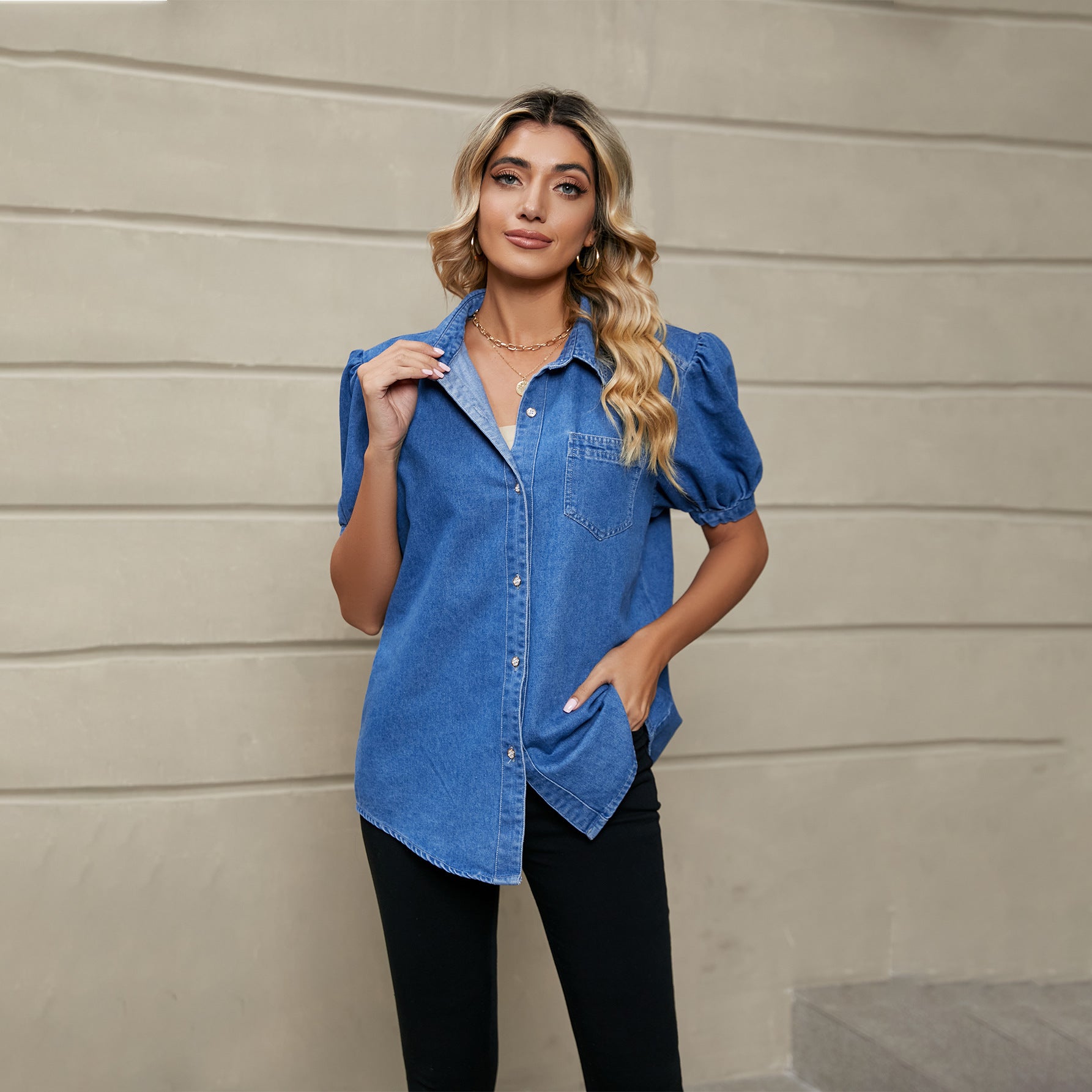 Versatile Princess Sleeve Lapel Thin Denim Shirt Casual Top Trendy Girl