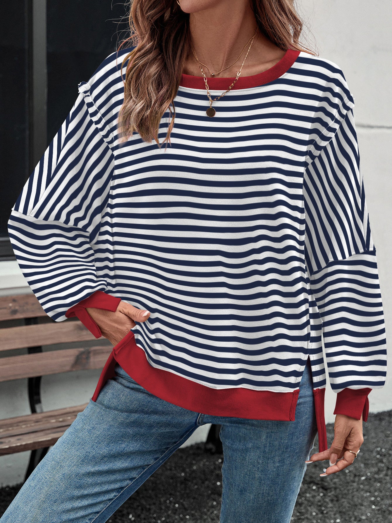 Loose Striped Casual Sweater Split Forked Crew Neck Trendy Design Versatile Top Ladies