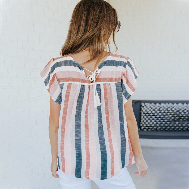 Fashion Striped Short Sleeve T-Shirt Women's Crew Neck Pullover Women's