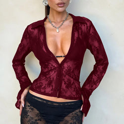 Sexy waist hollow cardigan lace shirt top women's clothing