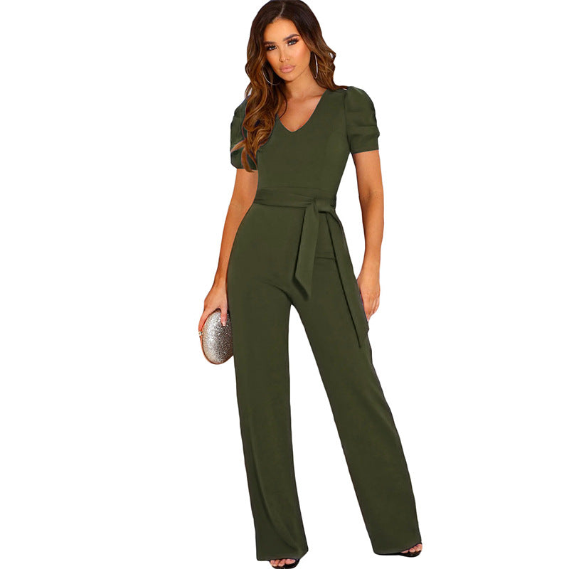 Short-sleeved jumpsuit women's 2022 new solid color casual waist flared pants trousers