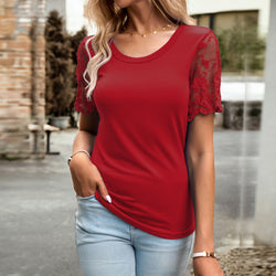 Spring and Summer Casual Temperament Crew Neck Lace Short Sleeve T-Shirt