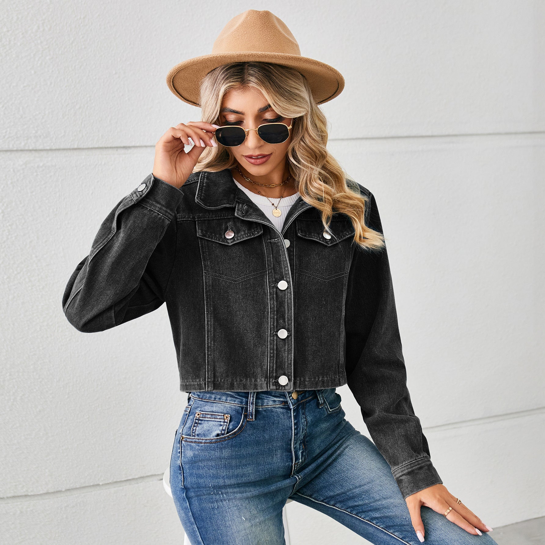 Washed denim short jacket jacket top long sleeve women