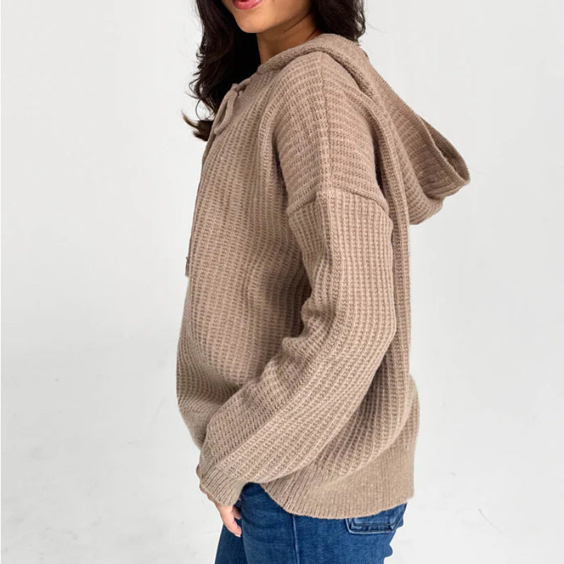 New knitted sweater women's pullover lace-up long-sleeved hooded sweater top women