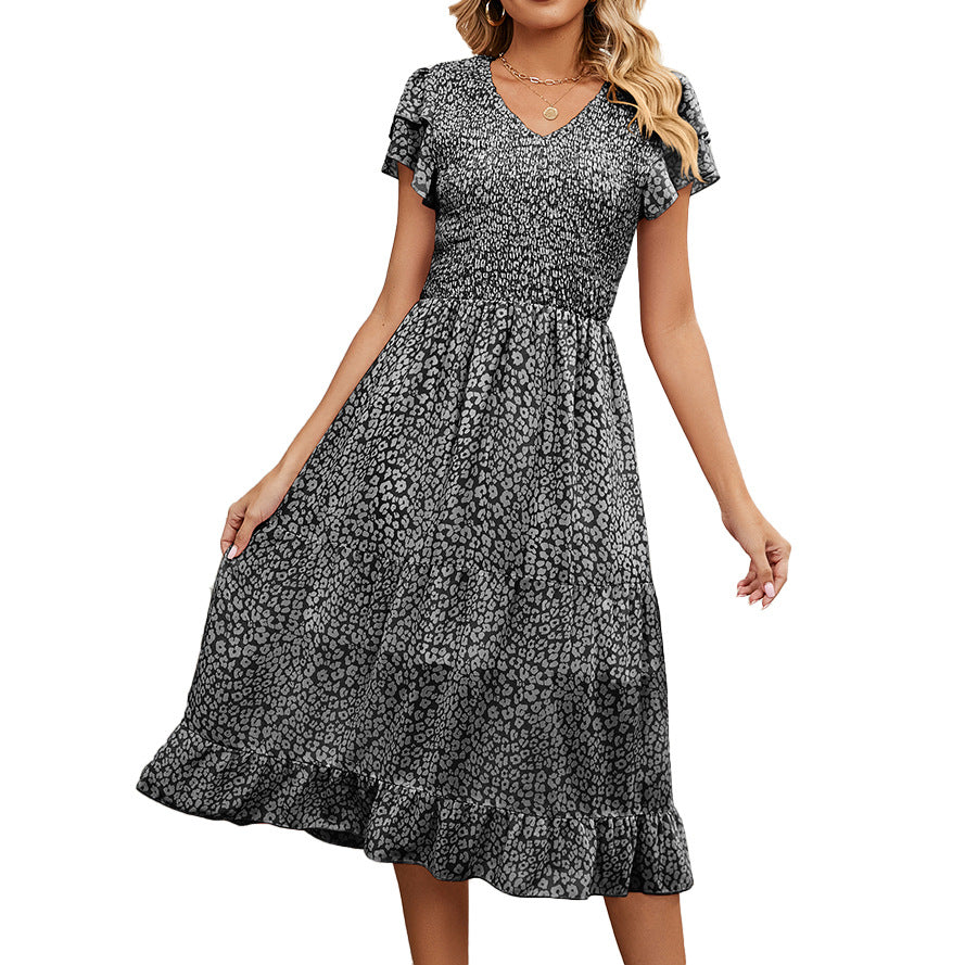 Summer V-neck pleated print chiffon splicing waist dress women