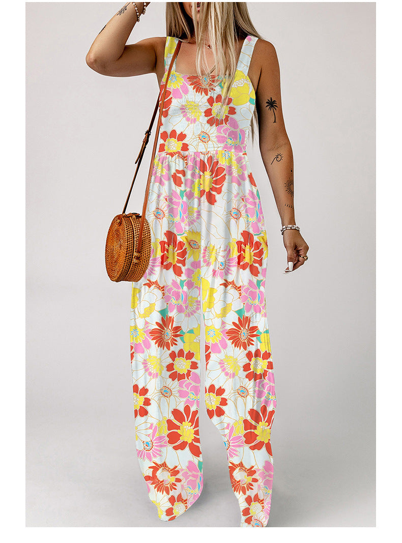 Shiying summer flower print women's jumpsuit new floral sleeveless suspender wide-leg pants women