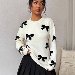 Crew neck bow jacquard pullover sweater